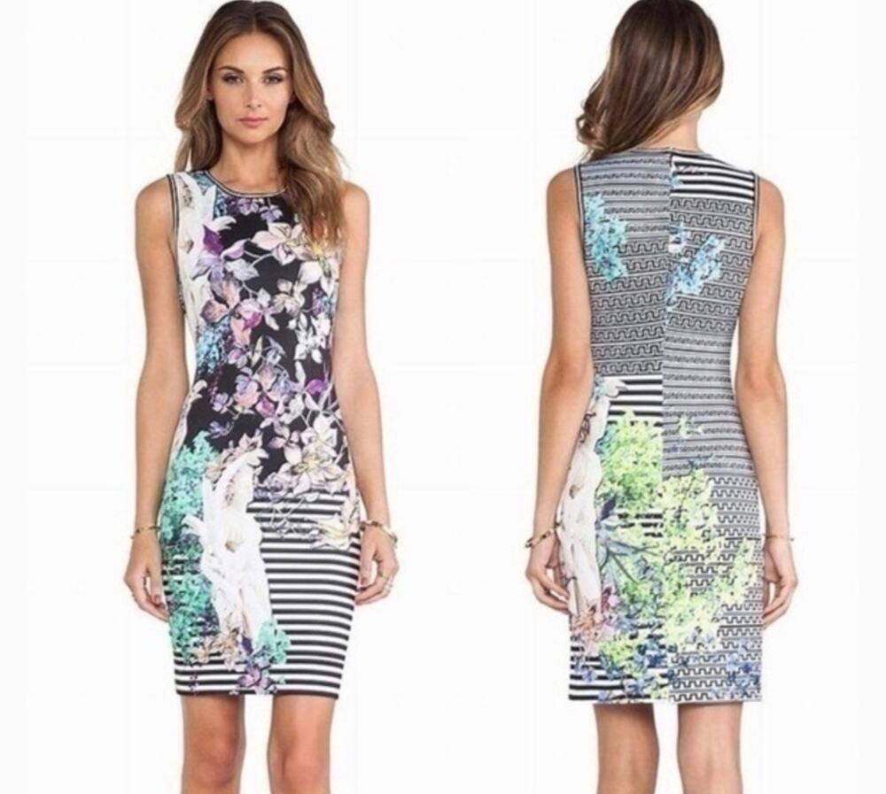 Clover Canyon Scuba Dress Women L Multicolor EUC Enchanted Garden Angel Floral